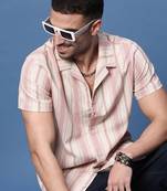 men's peach cuban collar relaxed fit striped shirt
