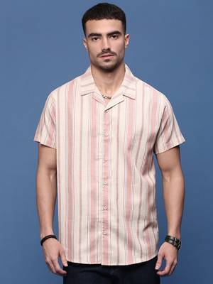 men's peach cuban collar relaxed fit striped shirt 2