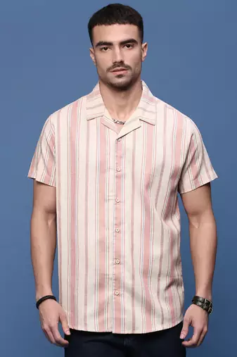 men's peach cuban collar relaxed fit striped shirt