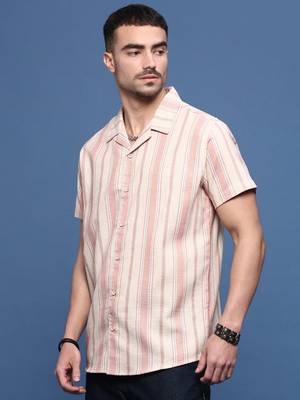 men's peach cuban collar relaxed fit striped shirt 3