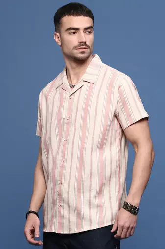 men's peach cuban collar relaxed fit striped shirt