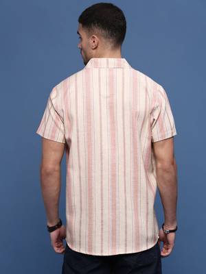 men's peach cuban collar relaxed fit striped shirt 4
