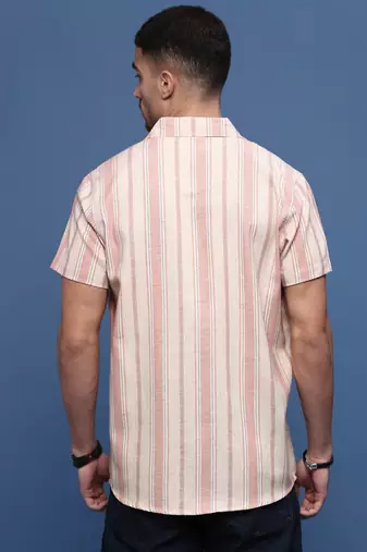 men's peach cuban collar relaxed fit striped shirt