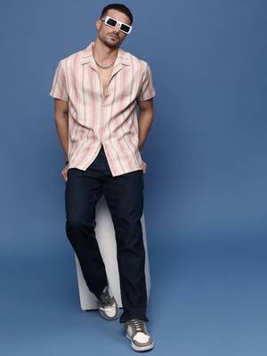 men's peach cuban collar relaxed fit striped shirt 5