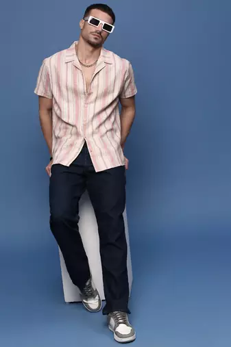 men's peach cuban collar relaxed fit striped shirt