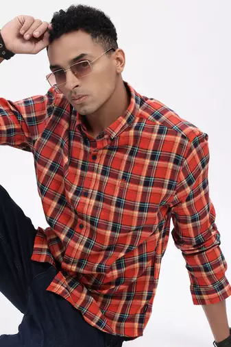 men's red checked slim fit shirt