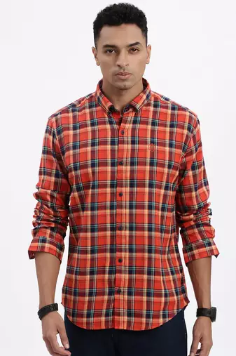 men's red checked slim fit shirt