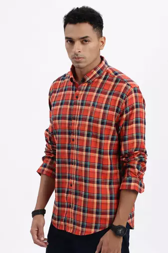 men's red checked slim fit shirt
