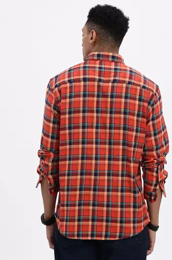 men's red checked slim fit shirt