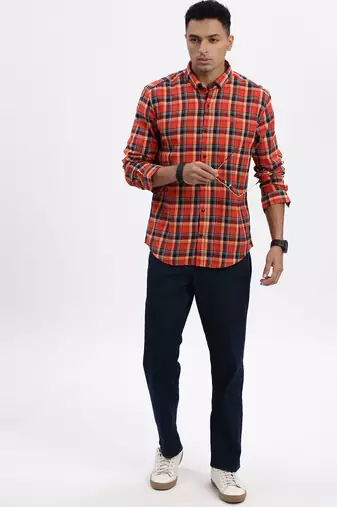 men's red checked slim fit shirt