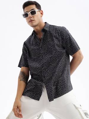 men's short sleeves floral slim fit black shirt 1