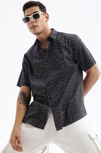 men's short sleeves floral slim fit black shirt