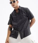men's short sleeves floral slim fit black shirt