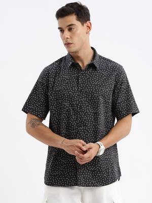 men's short sleeves floral slim fit black shirt 2