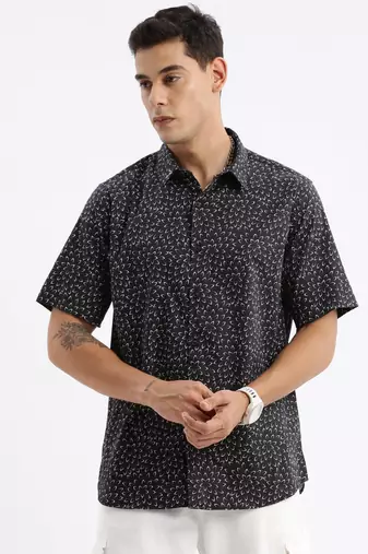 men's short sleeves floral slim fit black shirt