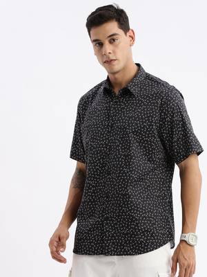 men's short sleeves floral slim fit black shirt 3