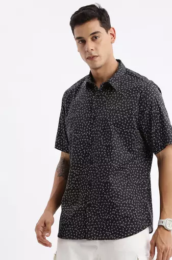 men's short sleeves floral slim fit black shirt
