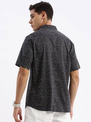 men's short sleeves floral slim fit black shirt 4