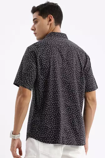 men's short sleeves floral slim fit black shirt