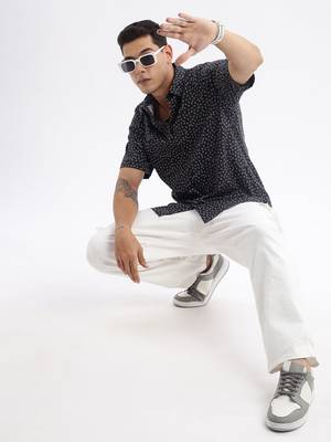 men's short sleeves floral slim fit black shirt 5