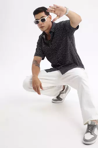 men's short sleeves floral slim fit black shirt