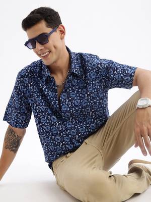 men's short sleeves floral slim fit navy blue shirt 1