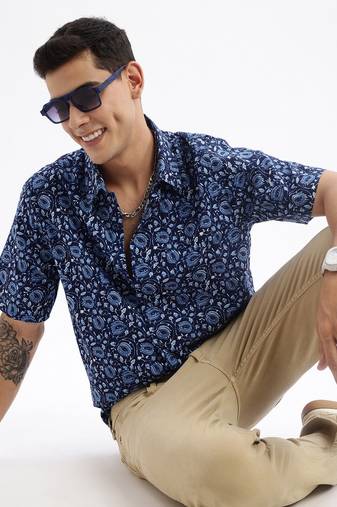 men's short sleeves floral slim fit navy blue shirt