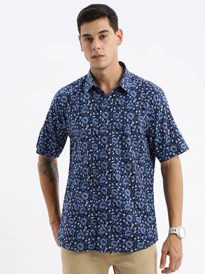 men's short sleeves floral slim fit navy blue shirt 2