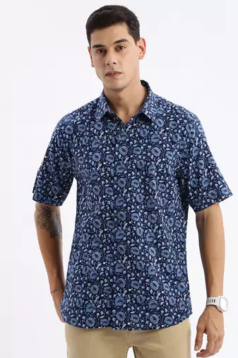 men's short sleeves floral slim fit navy blue shirt