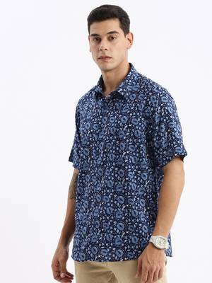 men's short sleeves floral slim fit navy blue shirt 3
