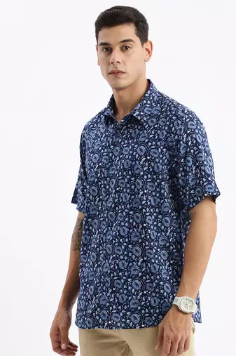 men's short sleeves floral slim fit navy blue shirt