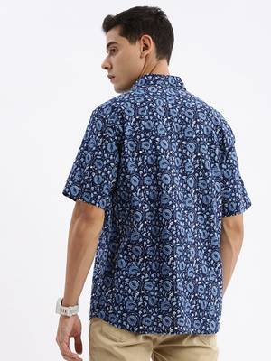 men's short sleeves floral slim fit navy blue shirt 4