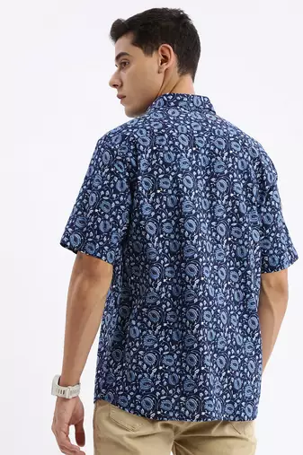 men's short sleeves floral slim fit navy blue shirt