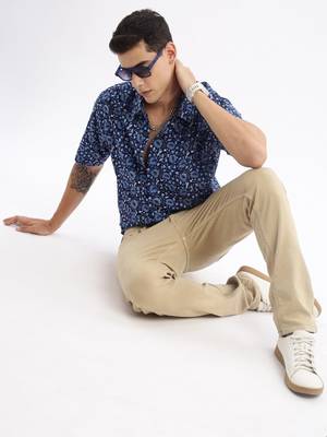 men's short sleeves floral slim fit navy blue shirt 5