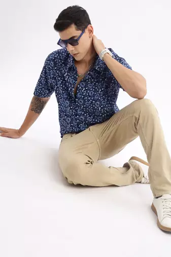 men's short sleeves floral slim fit navy blue shirt