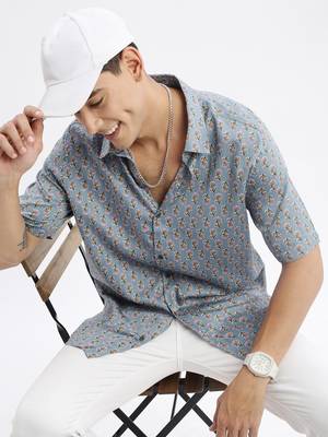 men's short sleeves floral slim fit blue shirt 1