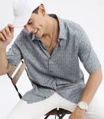 men's short sleeves floral slim fit blue shirt