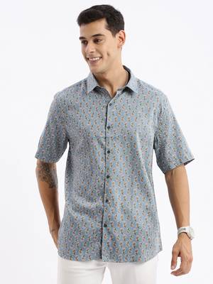 men's short sleeves floral slim fit blue shirt 2