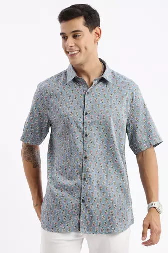 men's short sleeves floral slim fit blue shirt