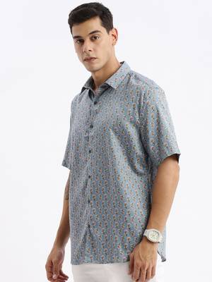 men's short sleeves floral slim fit blue shirt 3