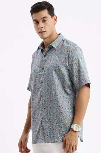 men's short sleeves floral slim fit blue shirt
