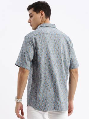 men's short sleeves floral slim fit blue shirt 4