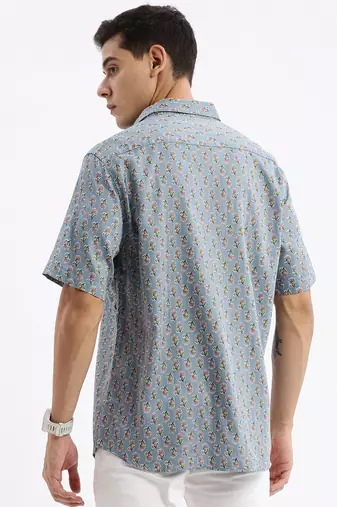 men's short sleeves floral slim fit blue shirt