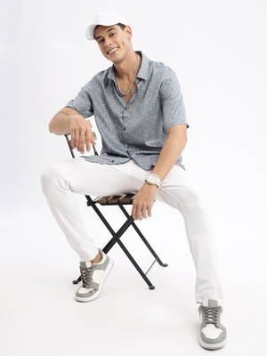 men's short sleeves floral slim fit blue shirt 5