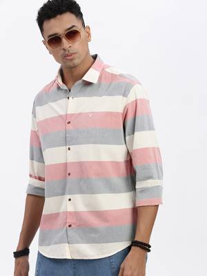 men's peach striped slim fit shirt 1