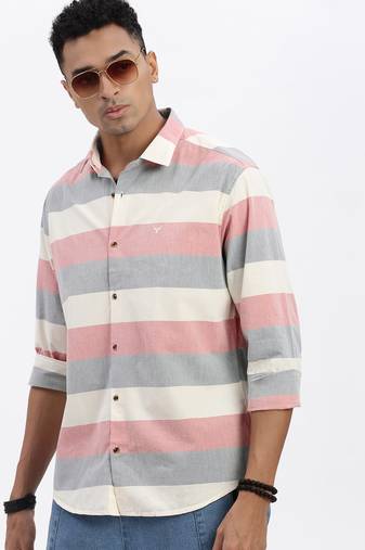 men's peach striped slim fit shirt