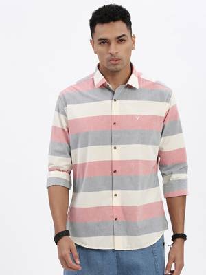 men's peach striped slim fit shirt 2