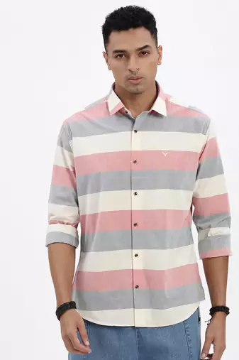 men's peach striped slim fit shirt