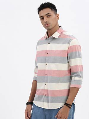 men's peach striped slim fit shirt 3