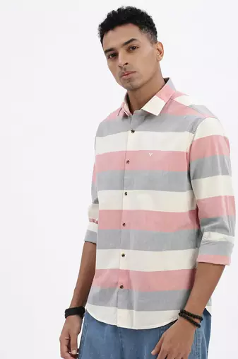men's peach striped slim fit shirt